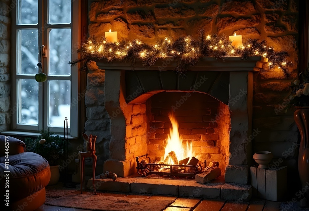 A cozy fireplace with a mantel decorated with Christmas ornaments and candles, in front of a snowy winter landscape visible through a window, a christmas present near the fireplace A cozy fireplace with a mantel decorated with Christmas ornaments and candles, in front of a snowy winter landscape visible through a window, a christmas present near the fireplace