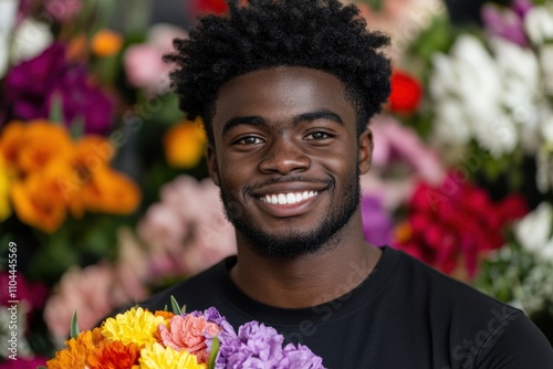 street market scene, a cheerful black man happily holds a bright bouquet in a lively flower market on valentines day photo