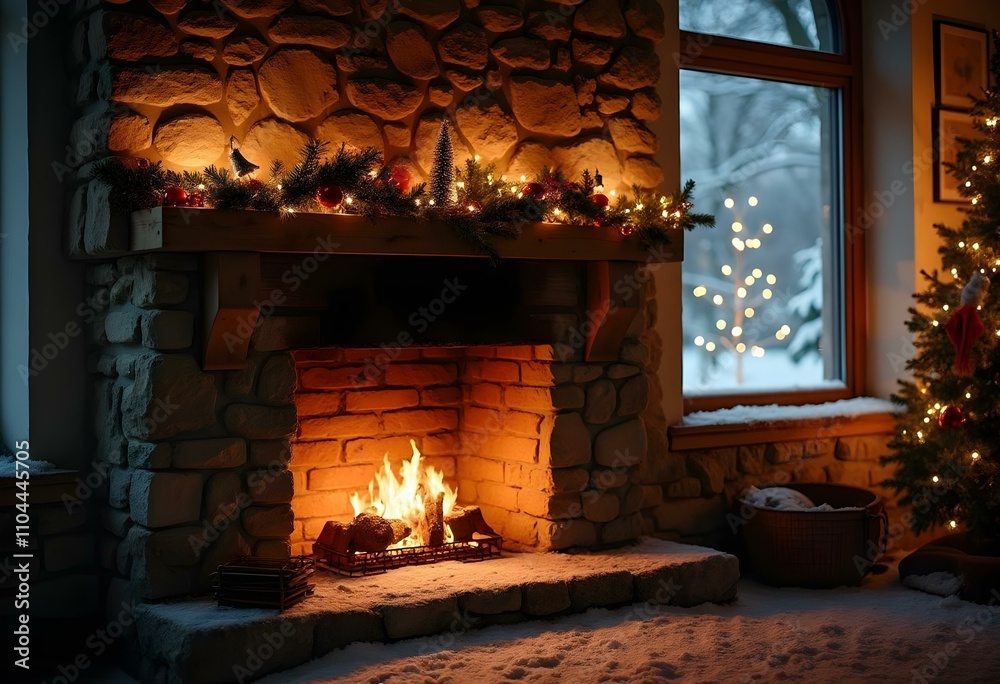 A cozy fireplace with a mantel decorated with Christmas ornaments and candles, in front of a snowy winter landscape visible through a window, a christmas present near the fireplace A cozy fireplace with a mantel decorated with Christmas ornaments and candles, in front of a snowy winter landscape visible through a window, a christmas present near the fireplace