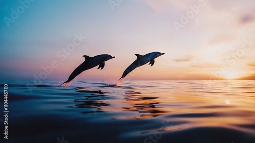   A pair of dolphins leaping from the sea to grab a frisbee as the sun sets