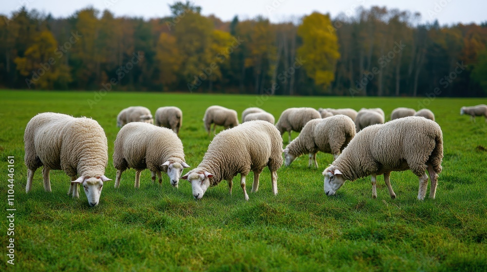 Fototapeta premium A serene landscape showcasing a flock of sheep grazing on lush green grass, set against a backdrop of autumn trees, Ideal for agriculture, farming, or nature-related themes in publications,