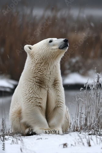 A majestic polar bear sits in a snowy landscape, gazing thoughtfully into the distance, This image is ideal for wildlife conservation campaigns, educational materials, and nature-themed projects, photo