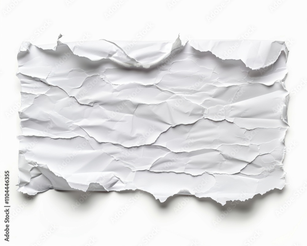 Crumpled white paper background with textured wrinkles and irregular edges. Crumpled white paper background with textured wrinkles and irregular edges.