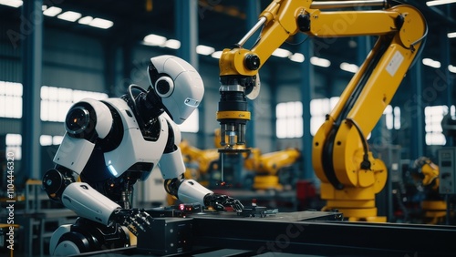 Close-up of a robotic arm performing automated welding in an advanced production line, emphasizing efficiency, high-tech engineering, and industrial automation