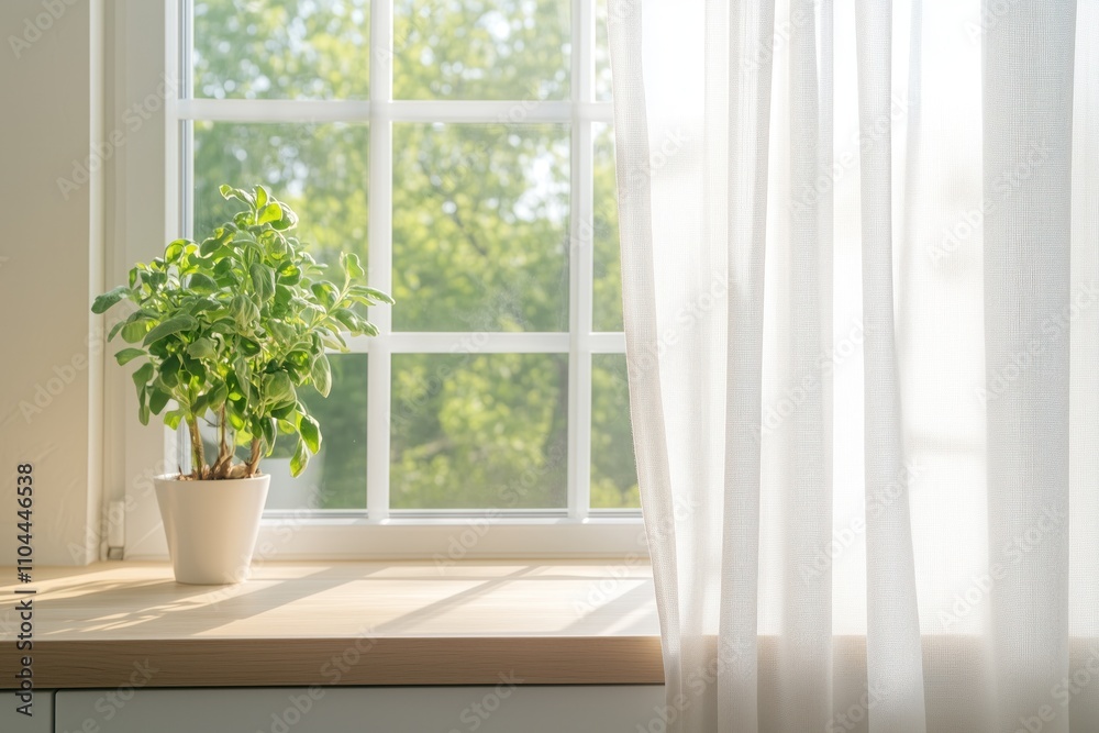 Sunlight illuminating white curtains and houseplant on window sill Sunlight illuminating white curtains and houseplant on window sill