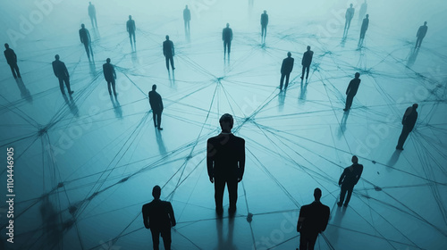 Human resource management and recruitment concept, with one person standing at the epicenter of a network of potential candidates.