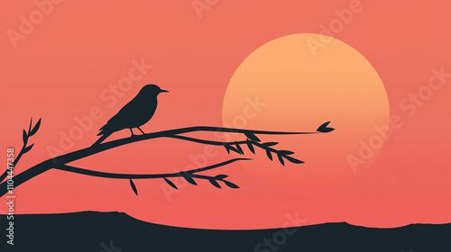 Silhouette of a bird perched on a branch against a vibrant sunset background