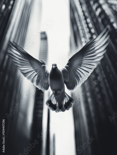 A majestic pigeon soars between towering skyscrapers, embodying freedom and urban life, This striking image can be used for themes of nature in the city, resilience, or as a metaphor for hope, photo