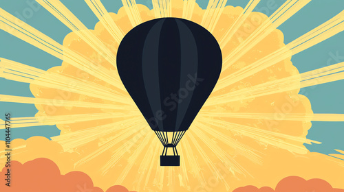 Silhouette of a hot air balloon rising against the backdrop of a vibrant sunrise in the early morning sky