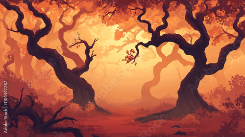 Scary dark forest at night. Halloween background with spooky woods. Vector cartoon illustration of creepy deep forest landscape with tree trunks, grass and stones