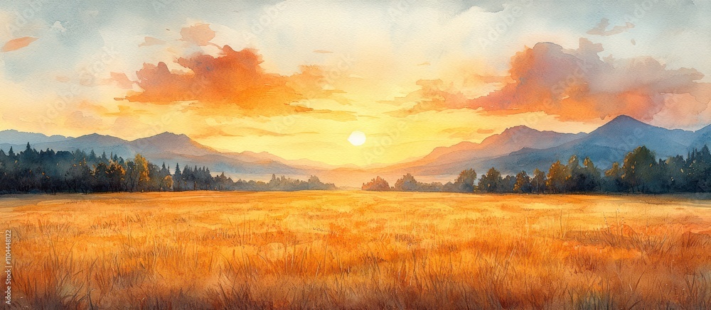 Obraz premium Golden sunset over a vast field with mountains in the background.