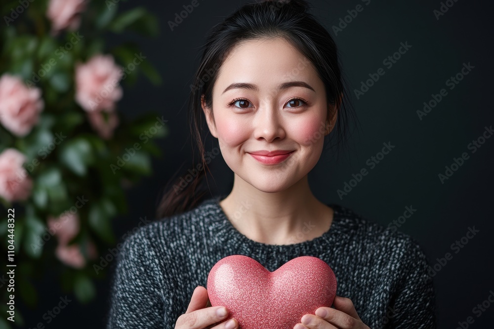 gift giving gesture, cheerful asian woman holding heart-themed gift box in a garden, ready for warm wishes to be shared