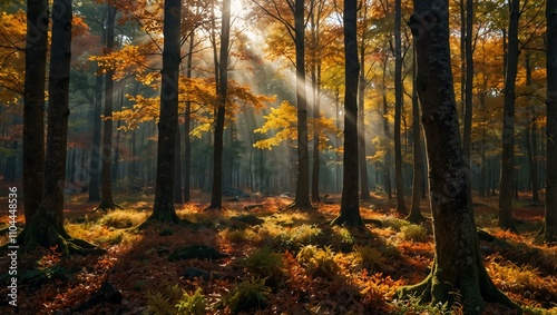 Colorful autumn forest with sunlight filtering through.