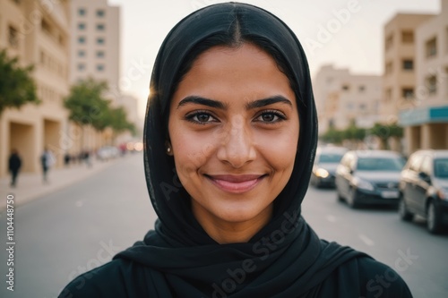 Close portrait of a smiling young Qatari woman looking at the camera, Qatari city outdoors blurred background