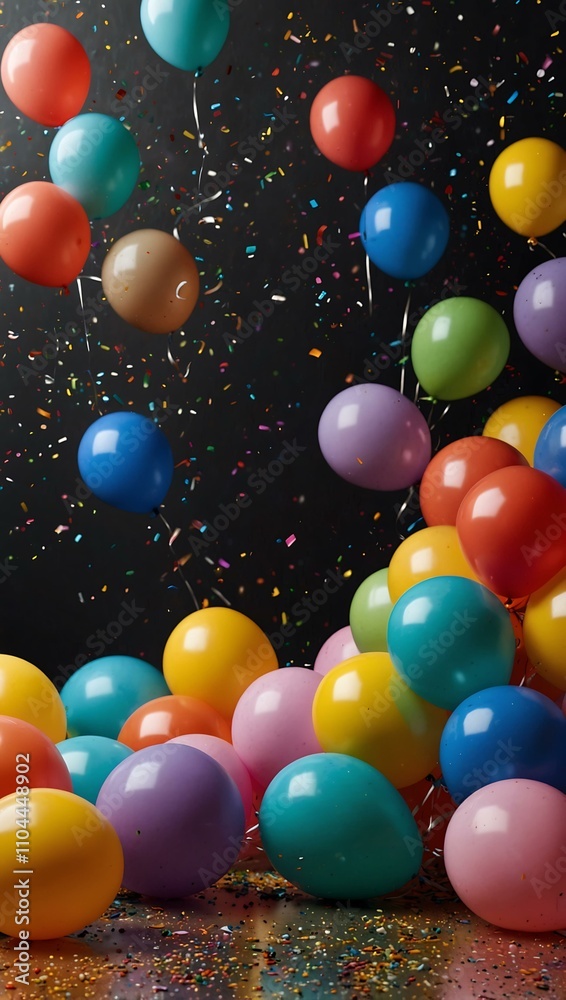 Colorful balloons and confetti creating a joyful atmosphere. Colorful balloons and confetti creating a joyful atmosphere.