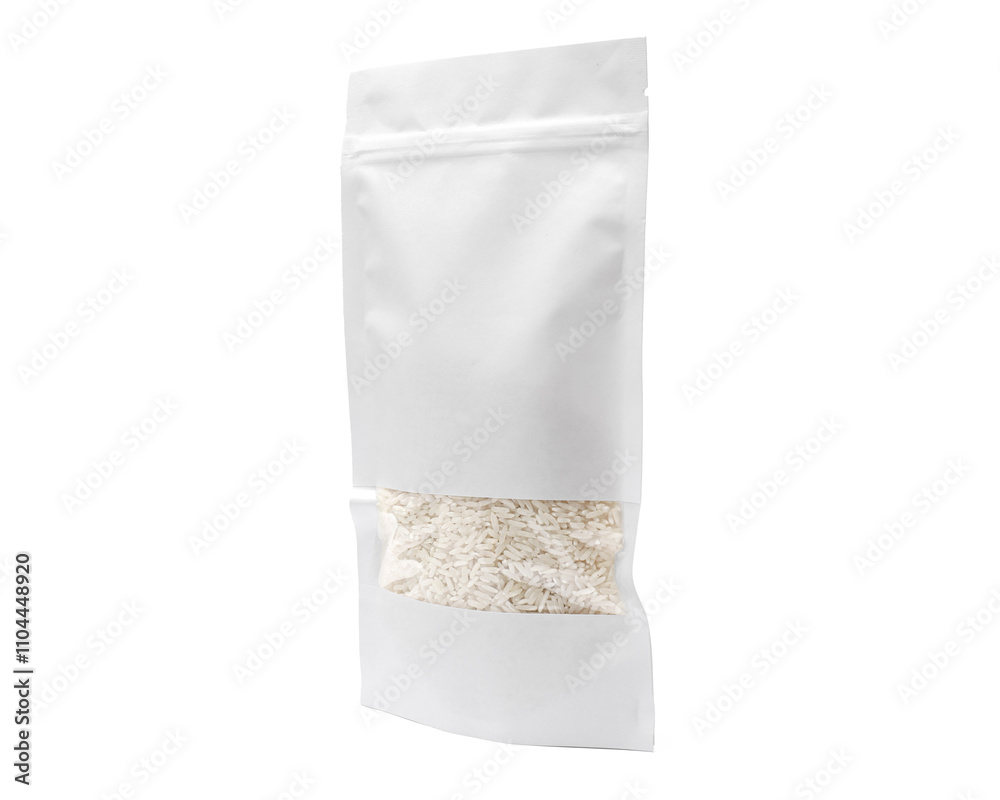 Paper pouch bag with rice isolated on white Paper pouch bag with rice isolated on white