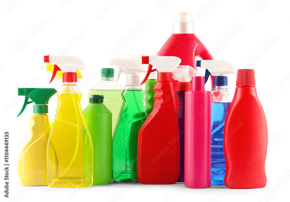 Set of different cleaning products isolated on white Set of different cleaning products isolated on white