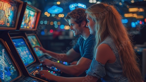 Young couple having fun at arcade game