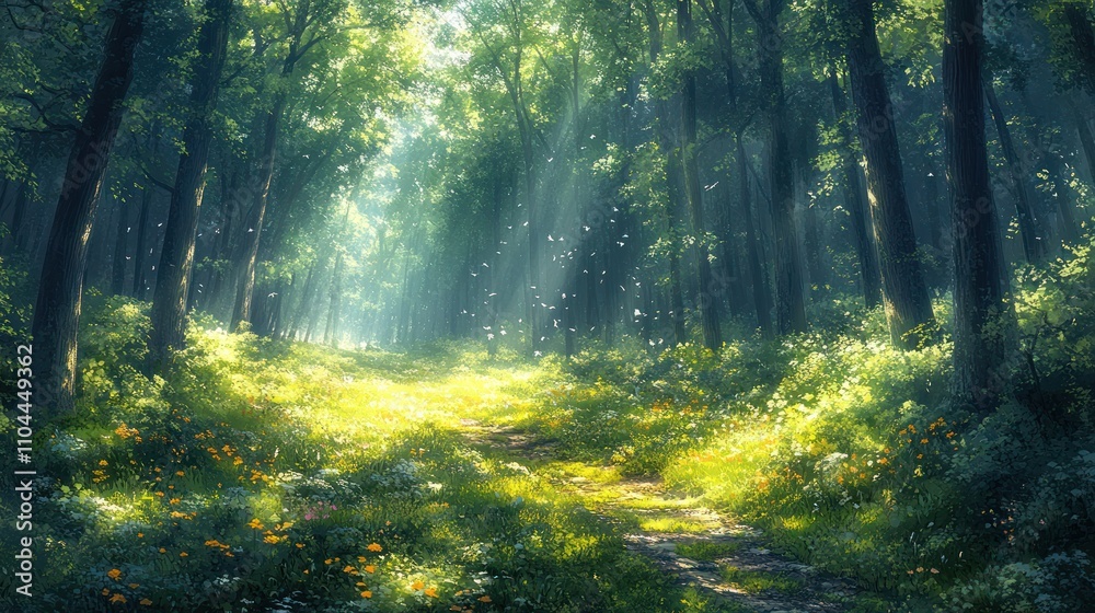 Sunlit path through lush green forest with wildflowers. Sunlit path through lush green forest with wildflowers.