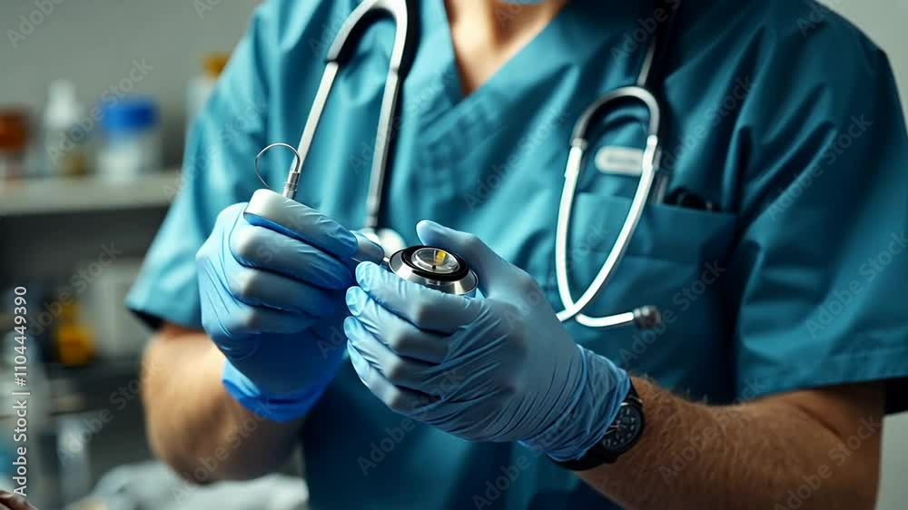 Doctor's hands holding a stethoscope during a medical examination Doctor's hands holding a stethoscope during a medical examination