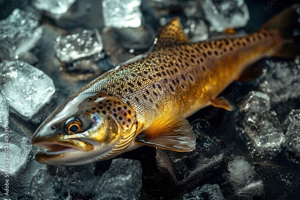 Golden sea trout resting on ice, contrasting cold tones and warm colors, freshness and premium quality, AI-generated Golden sea trout resting on ice, contrasting cold tones and warm colors, freshness and premium quality, AI-generated
