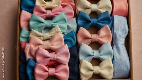 Colorful bow ties in various shades like pink, blue, and cream. photo