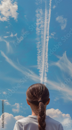 Person looking at the sky full of Chemtrails contrails photo