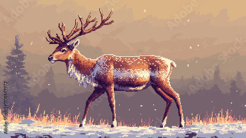 Elk moose with horns pixel art icon, stag deer isolated vector illustration. Game assets 8-bit sprite. Design sticker, logo, mobile app, embroidery.