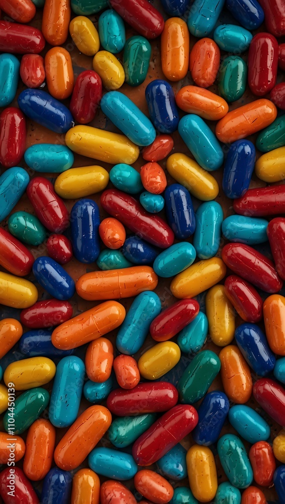 Colorful capsules arranged in a dynamic, vibrant pattern. Colorful capsules arranged in a dynamic, vibrant pattern.