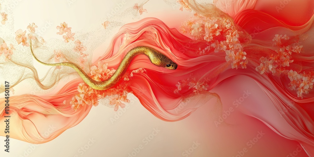 Chinese new year 2025 year of the Snake. Golden snake on a flowing red and pink background with blooming cherry blossoms Chinese new year 2025 year of the Snake. Golden snake on a flowing red and pink background with blooming cherry blossoms