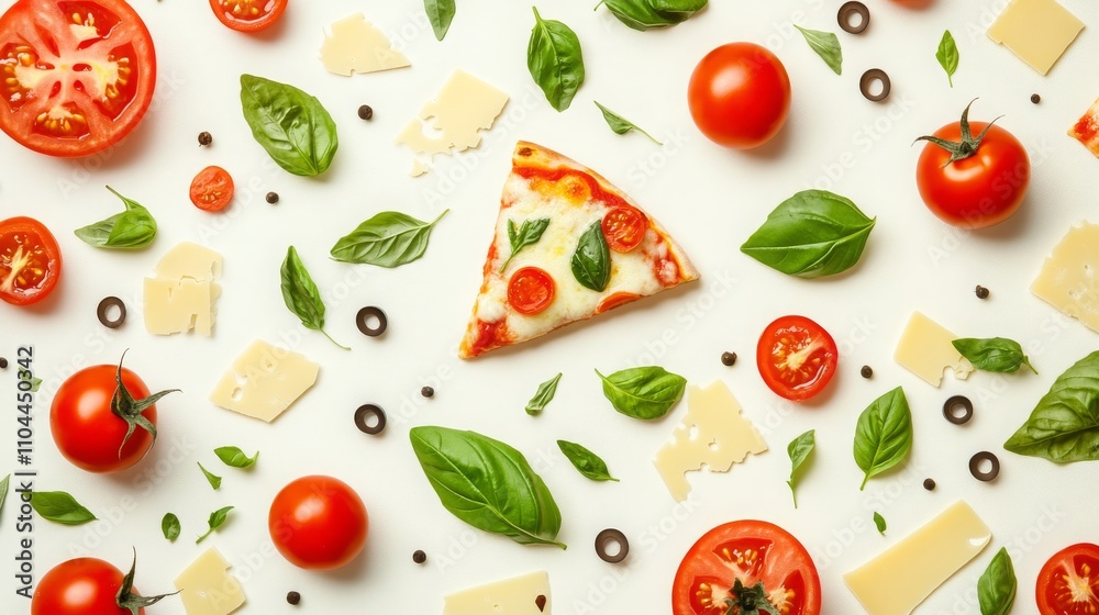 A colorful pizza ingredient pattern featuring cherry tomatoes, basil, and cheese A colorful pizza ingredient pattern featuring cherry tomatoes, basil, and cheese