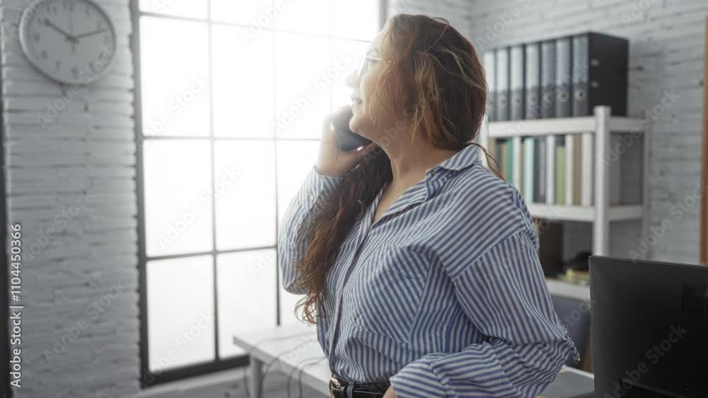 Woman talking on phone in bright office setting wearing striped shirt beside large window and visible clock on wall creating a modern business atmosphere. Woman talking on phone in bright office setting wearing striped shirt beside large window and visible clock on wall creating a modern business atmosphere.