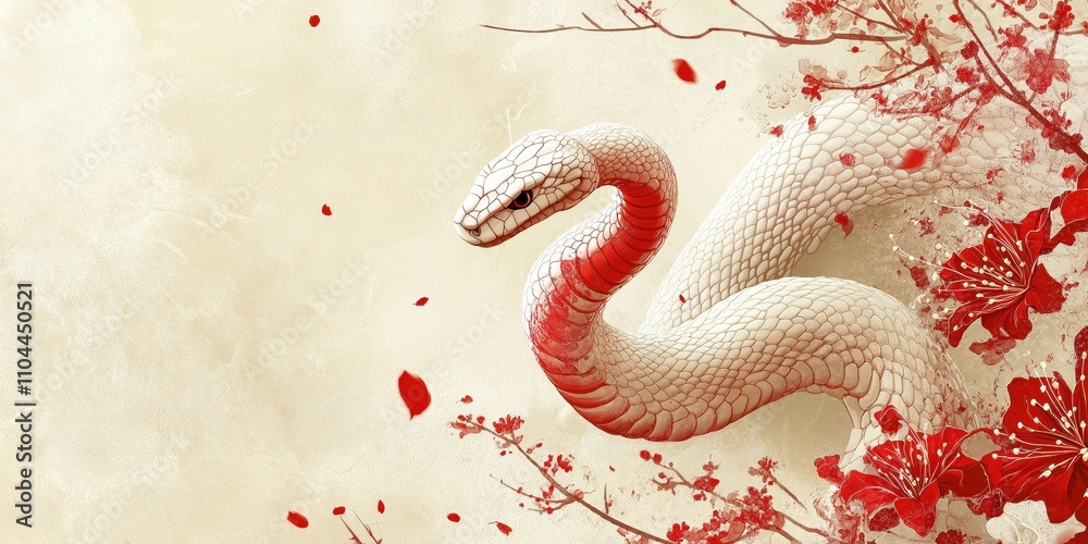 Chinese new year 2025 year of the Snake. White snake surrounded by red leaves on a beige textured background Chinese new year 2025 year of the Snake. White snake surrounded by red leaves on a beige textured background