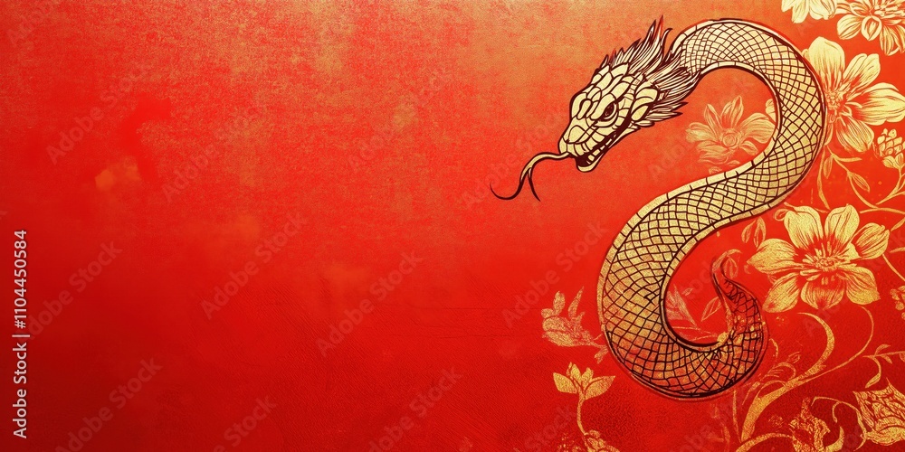 Chinese new year 2025 year of the Snake. Golden dragon design on a bold red background with ornate floral elements Chinese new year 2025 year of the Snake. Golden dragon design on a bold red background with ornate floral elements