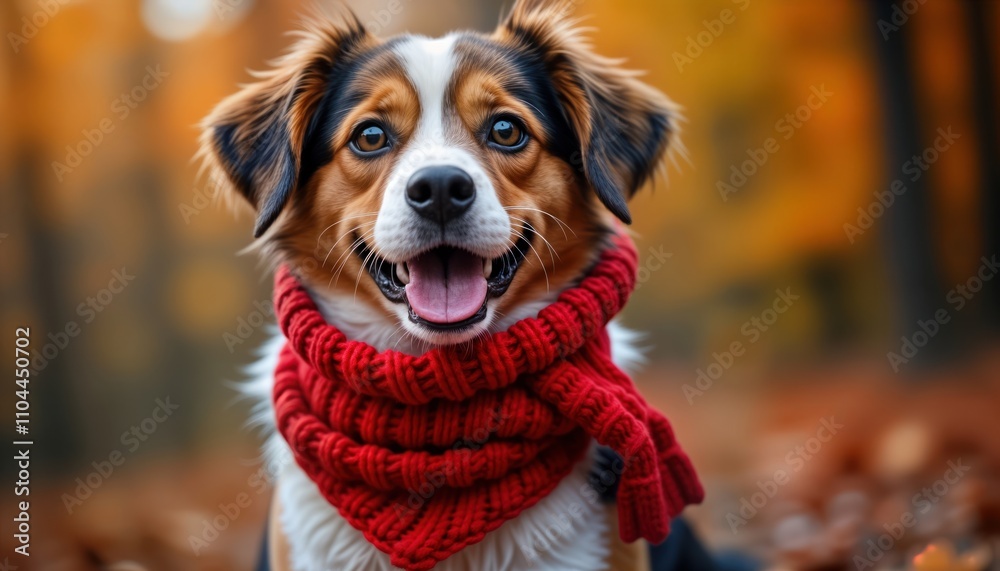 Happy dog wearing warm red scarf in autumn park. Cute animal enjoying autumn season. Pet looks happy and comfortable outdoors. Autumn leaves make pretty background. Dog is Jack Russell Terrier mix. Happy dog wearing warm red scarf in autumn park. Cute animal enjoying autumn season. Pet looks happy and comfortable outdoors. Autumn leaves make pretty background. Dog is Jack Russell Terrier mix.