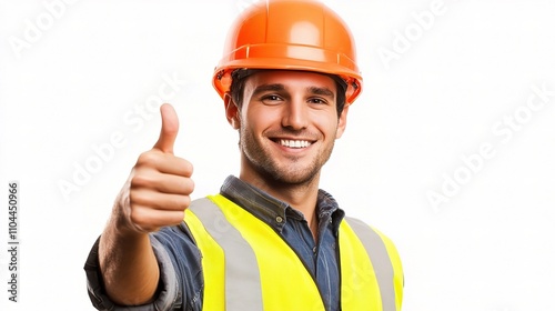 Smiling Construction Worker in Safety Gear Giving Thumbs Up