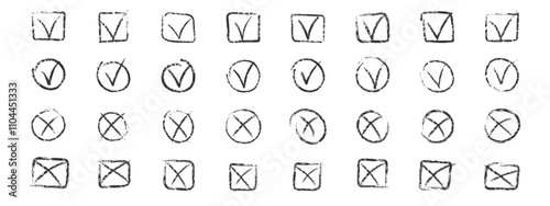 Set of black chalk ticks and crosses , circle and square. Tick symbol means agree, vote, confirm. Tick and X symbols hand drawn with charcoal pencil. Vector illustration.