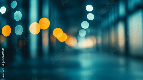 Blurred view of street with lights at winter rainy night. Bokeh lights background sunrise or sunset. Abstract artistic photography.