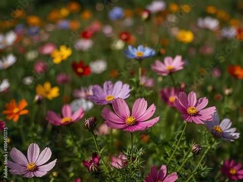 Colorful cosmos flowers in a field.