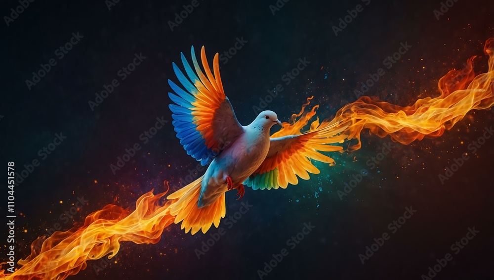 Fototapeta premium Colorful dove in flames symbolizing the Holy Spirit