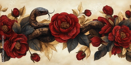Fototapeta Naklejka Na Ścianę i Meble -  Chinese new year 2025 year of the Snake. Black snake entwined with red roses on a vintage beige background