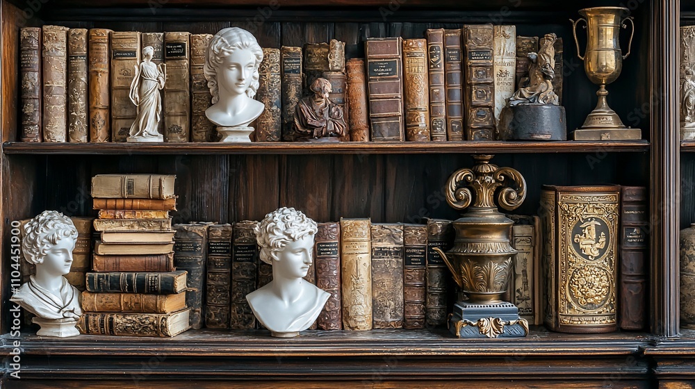 Antique books and sculptures on wooden shelves. Antique books and sculptures on wooden shelves.
