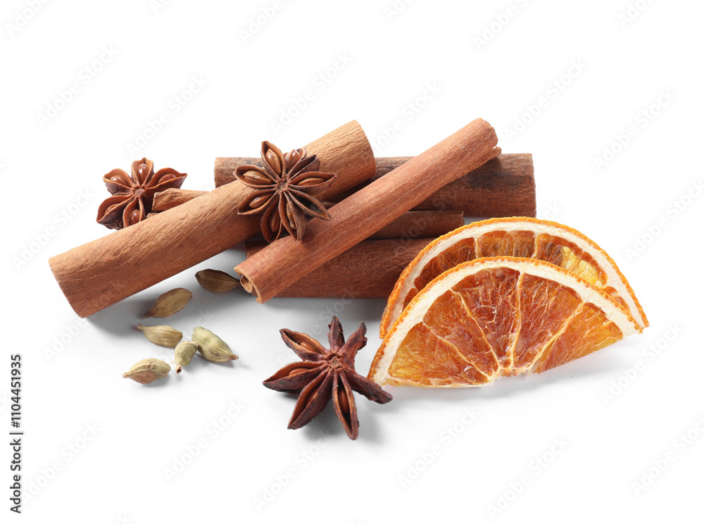 Different aromatic spices isolated on white. Christmas season Different aromatic spices isolated on white. Christmas season