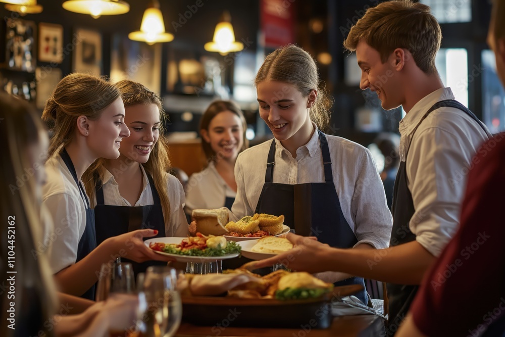 Young waiters serve lunch to friends in pub. Happy, polite. Indoor setting. Social gathering. Enjoyment. Meal ready to eat with food, drinks. Clients, staff interact positively. Pub atmosphere. Group Young waiters serve lunch to friends in pub. Happy, polite. Indoor setting. Social gathering. Enjoyment. Meal ready to eat with food, drinks. Clients, staff interact positively. Pub atmosphere. Group