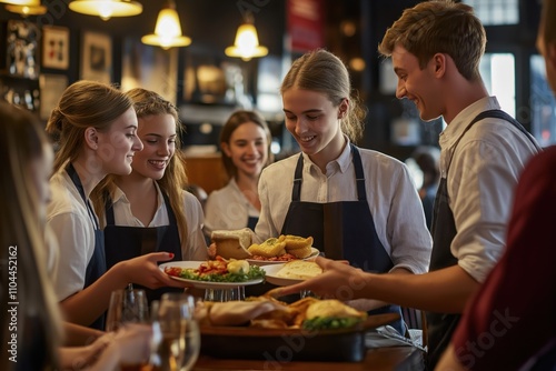 Young waiters serve lunch to friends in pub. Happy, polite. Indoor setting. Social gathering. Enjoyment. Meal ready to eat with food, drinks. Clients, staff interact positively. Pub atmosphere. Group photo