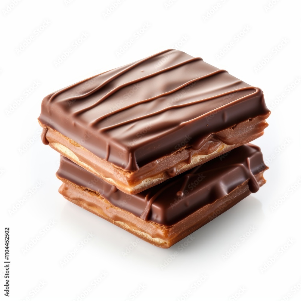 Two delicious chocolate-covered caramel squares stacked on top of each other, showcasing their rich, glossy texture. Two delicious chocolate-covered caramel squares stacked on top of each other, showcasing their rich, glossy texture.