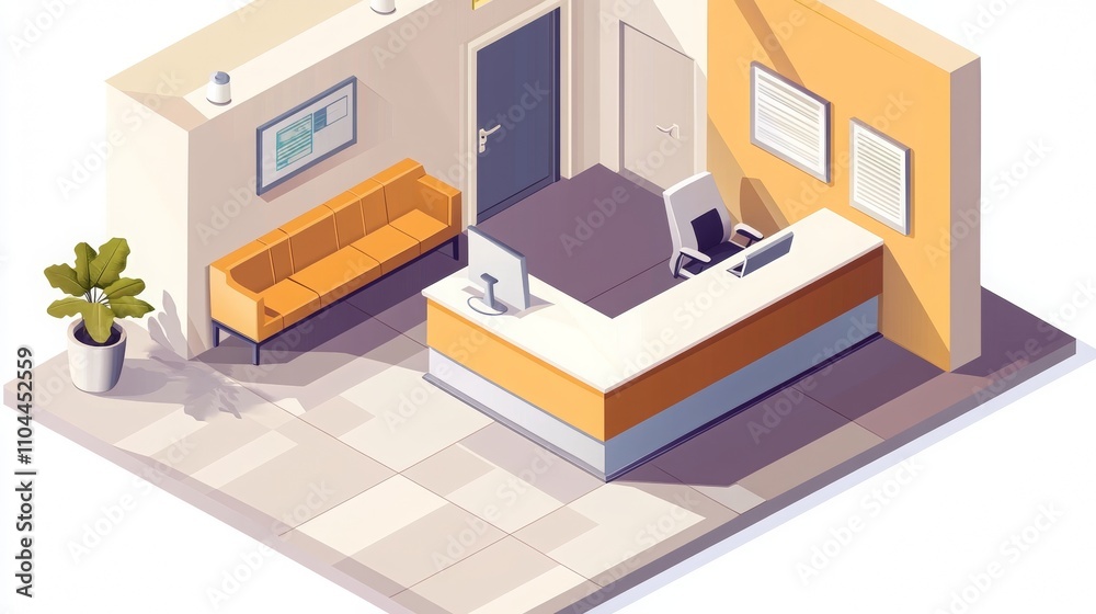 Isometric modern office interior with a reception desk and sofa Isometric modern office interior with a reception desk and sofa