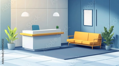 Isometric modern office interior with a reception desk and sofa