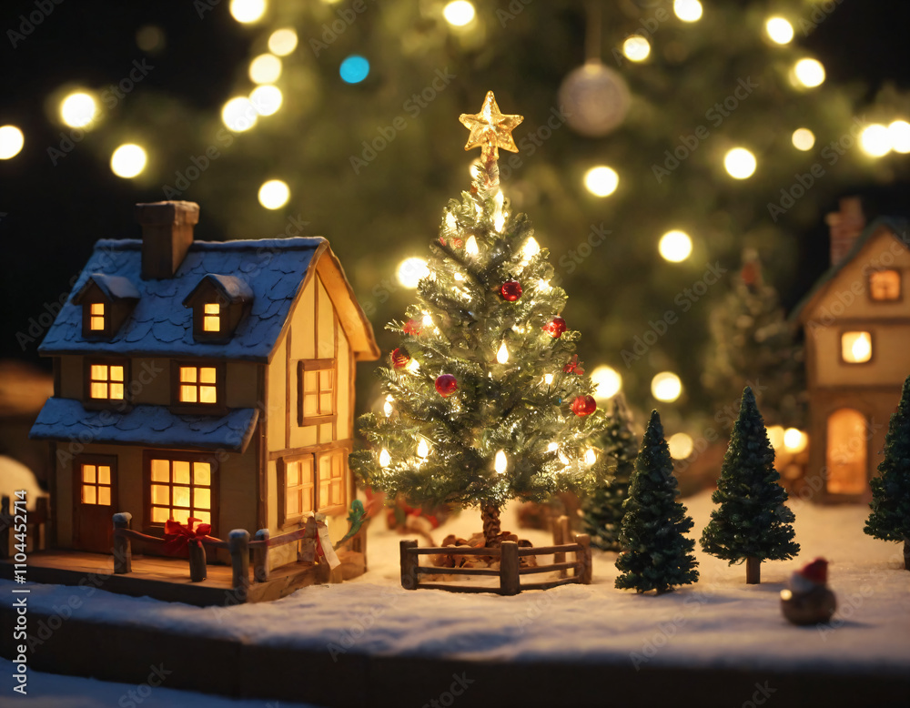 Miniature Christmas village, snowy trees, colorful lights, and a festive winter atmosphere, creating a charming and magical holiday scene Miniature Christmas village, snowy trees, colorful lights, and a festive winter atmosphere, creating a charming and magical holiday scene
