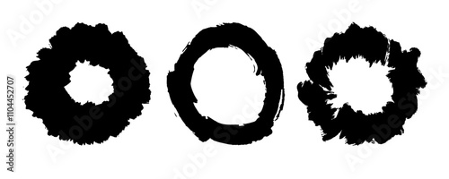 Brush lines set. Vector black paint brush spots in the form of circles, highlighter lines or felt-tip pen marker. Ink smudge abstract shape stains and smear set in the form of circles with texture 